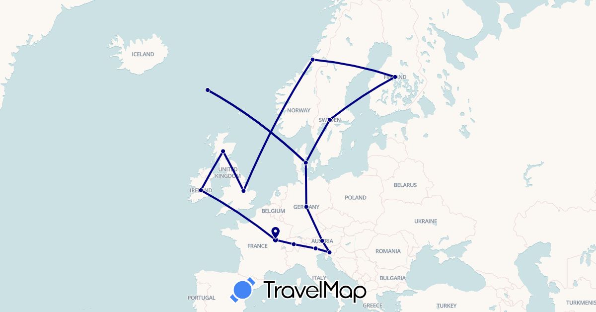 TravelMap itinerary: driving in Austria, Switzerland, Germany, Denmark, Finland, Faroe Islands, France, United Kingdom, Ireland, Italy, Norway, Sweden, Slovenia (Europe)